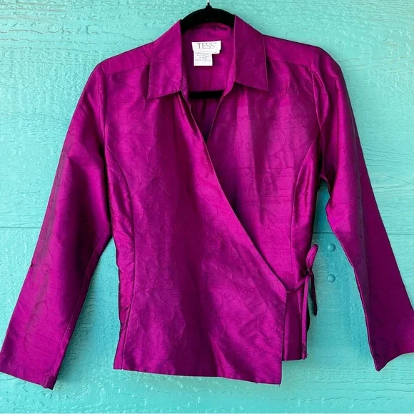 Purple Silk Wrap Surplice Career Blouse Embroidered Size 8 - Picture 2 of 7